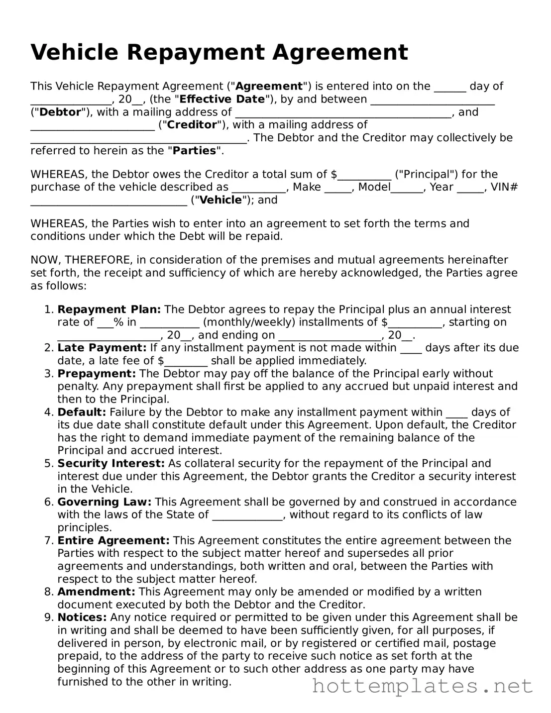 Attorney-Verified Vehicle Repayment Agreement Form