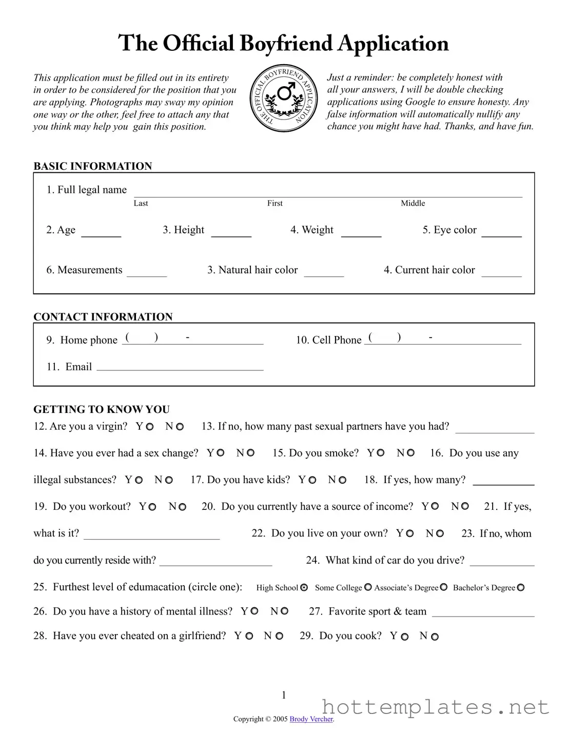 Fill in a Valid Boyfriend application form Template