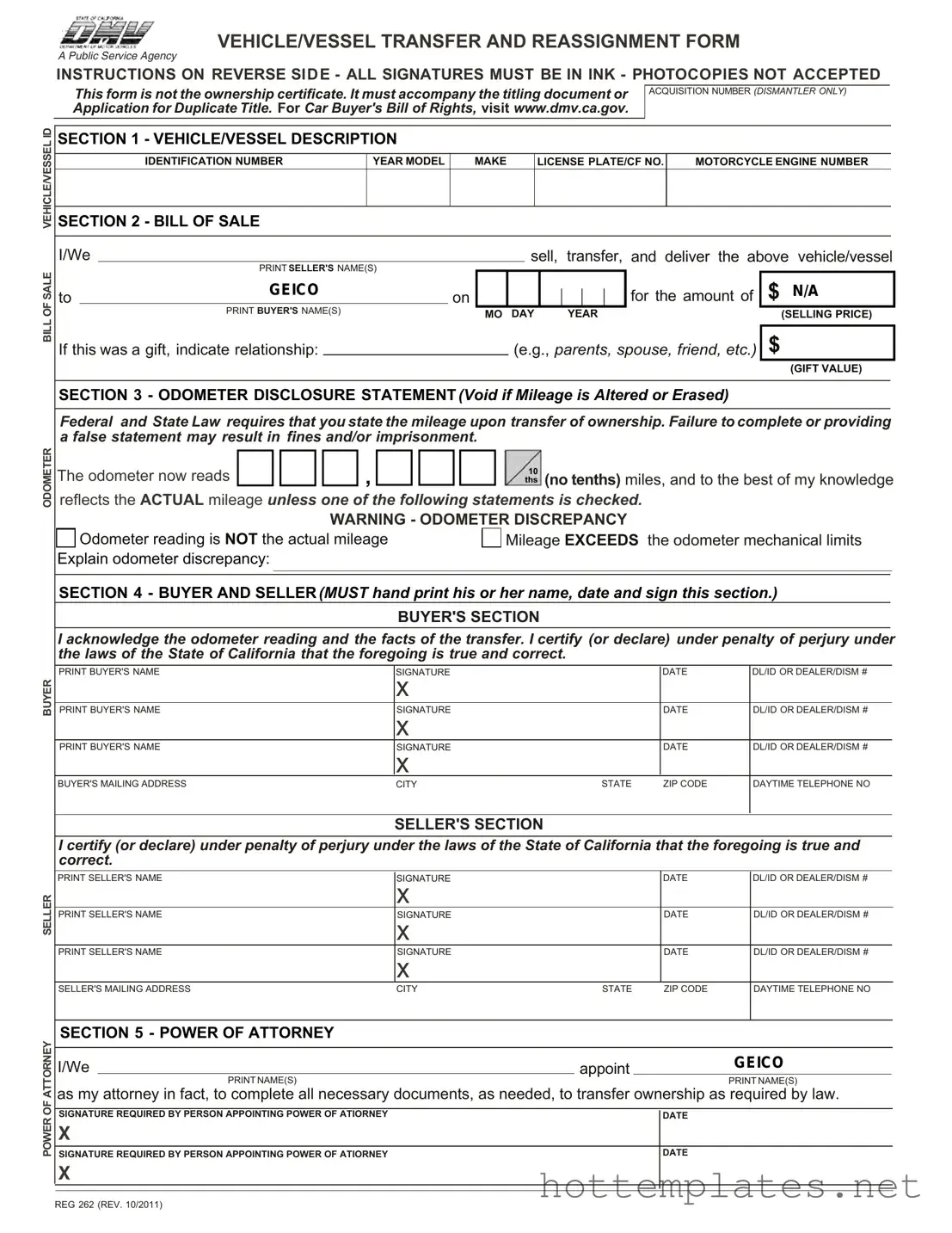 Fill in a Valid California Fotm Reg 262 Template