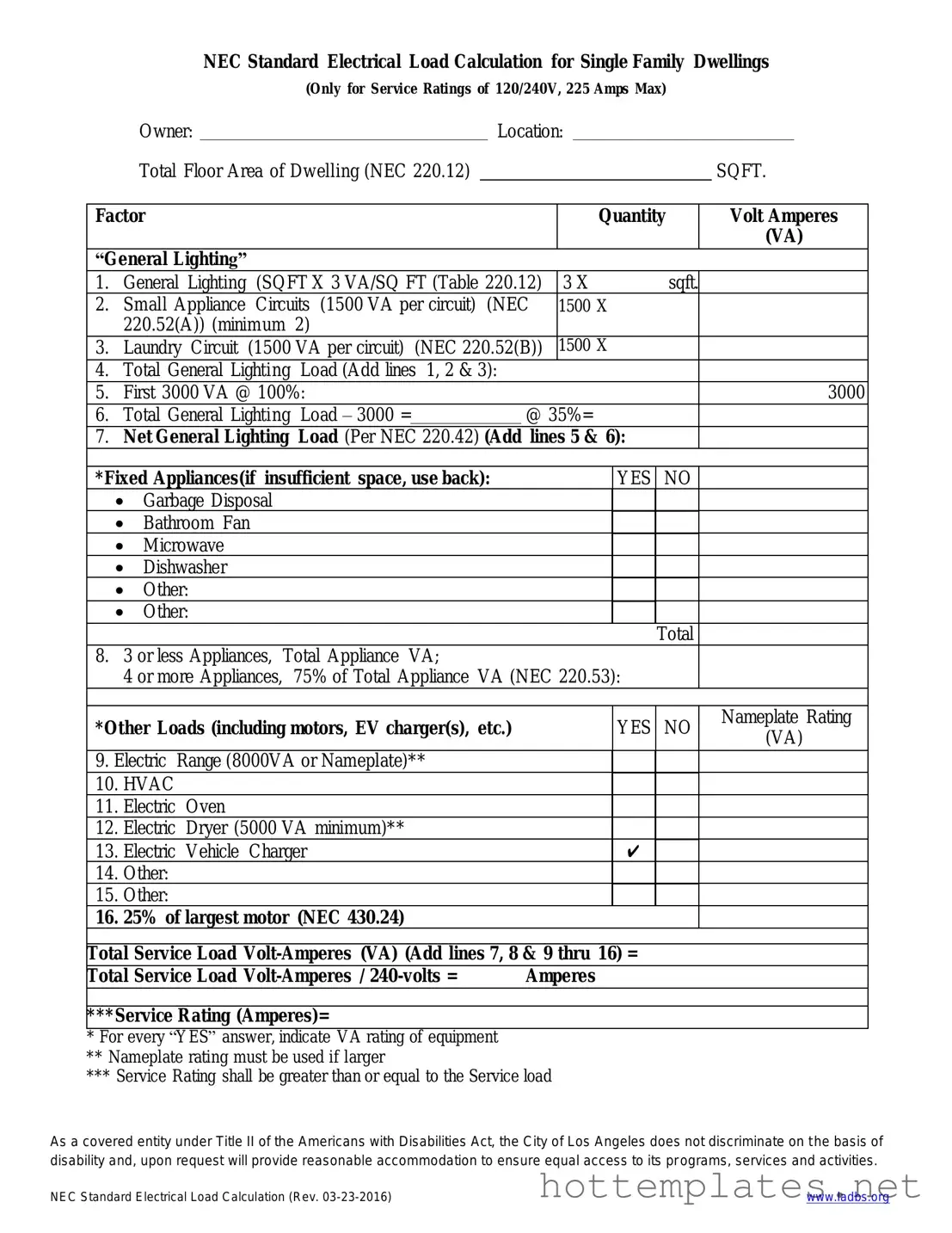 Fill in a Valid LADBS NEC Standard Electrical Load Calculation Template