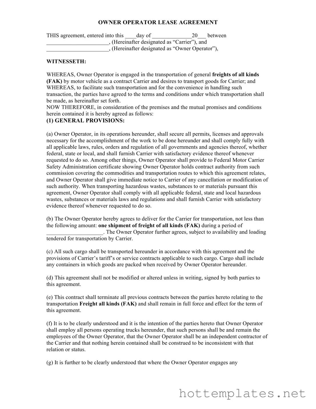 Fill in a Valid Owner Operator Lease Agreement Template