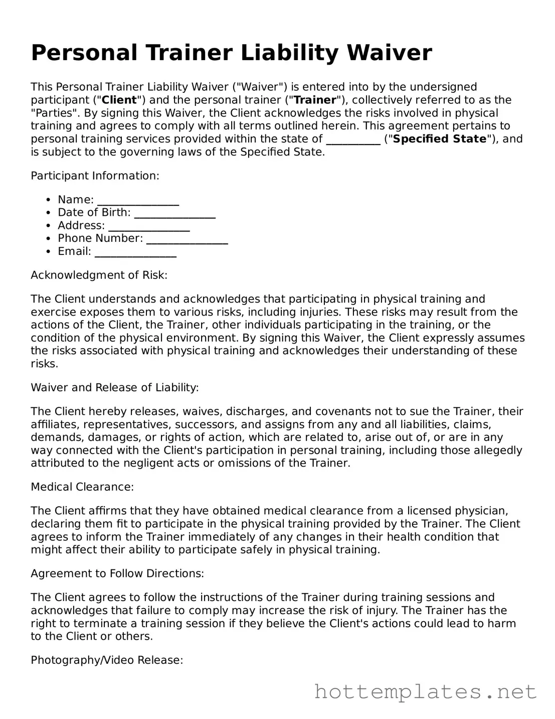 Attorney-Verified Personal Trainer Liability Waiver Form