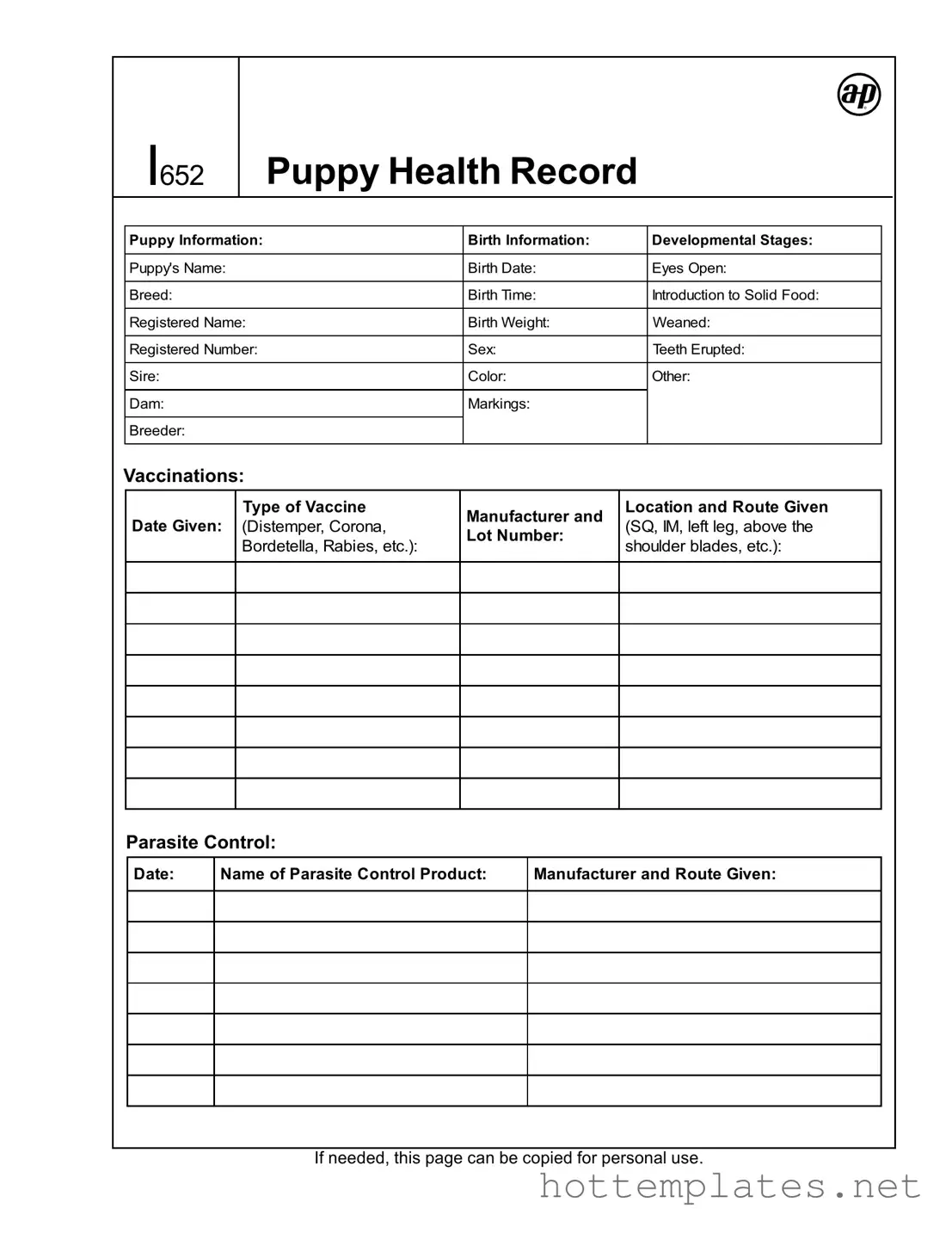 Fill in a Valid Puppy Health Record Template