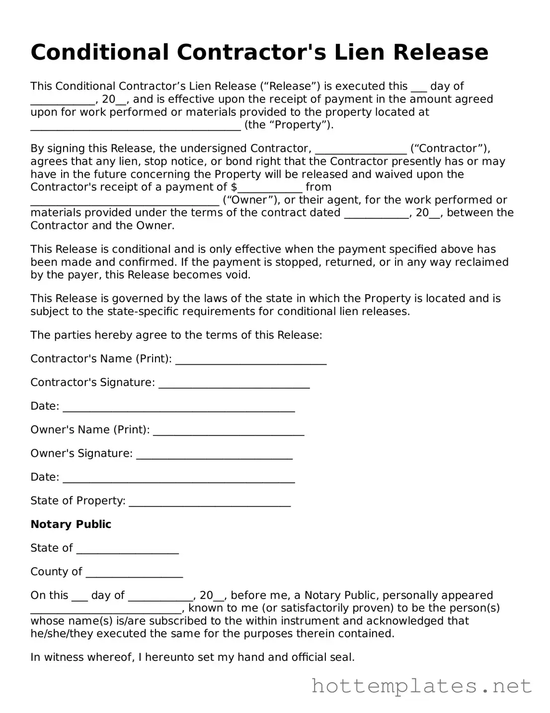 Attorney-Verified Conditional Contractor’s Lien Release Form